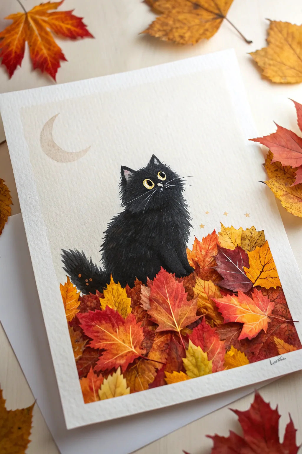 Fluffy black cat loaf atop bold autumn leaves with a tiny moon, perfect for cute fall painting vibes