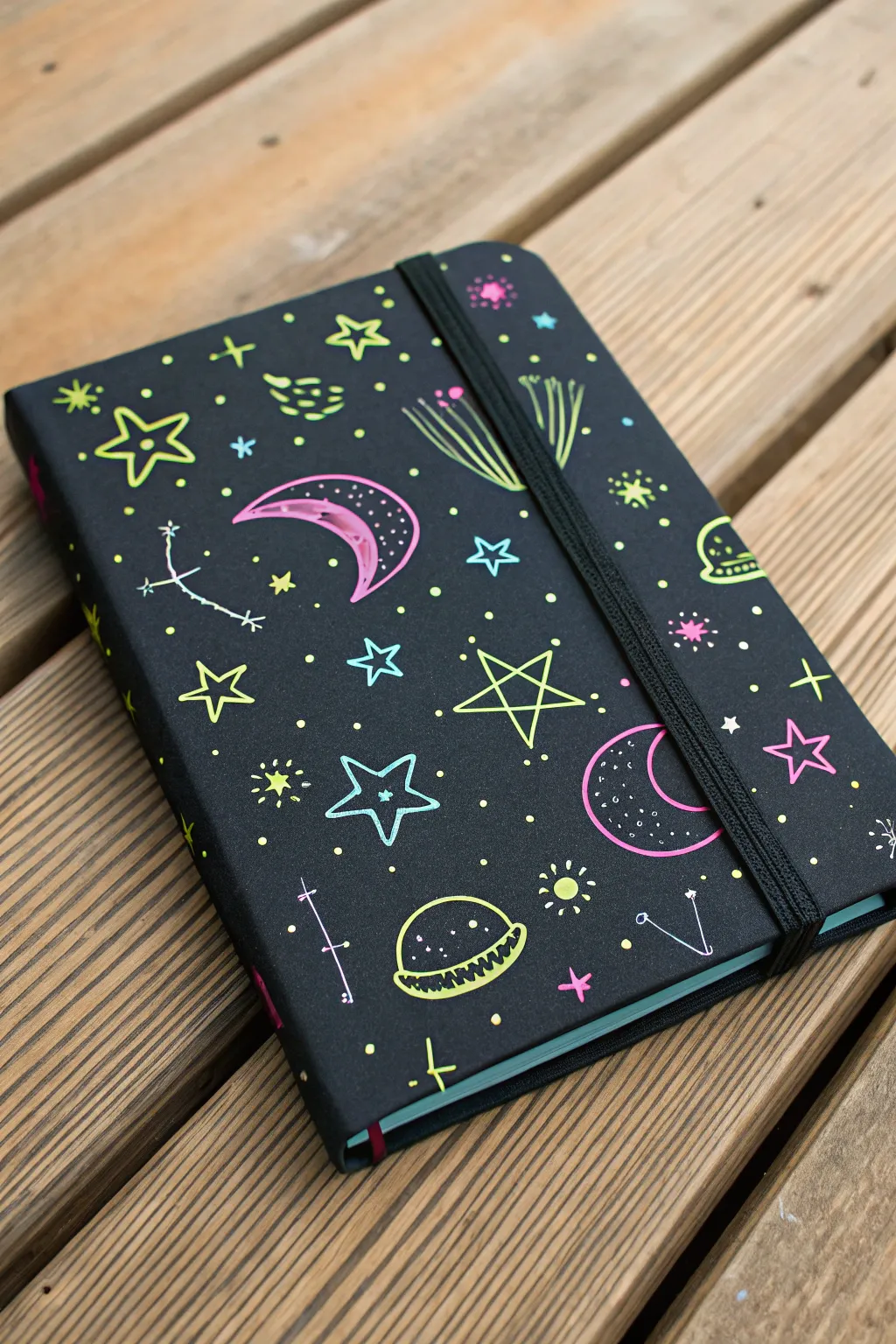 Neon glow stars on a dark sketchbook cover for a cute night-sky vibe with bold contrast