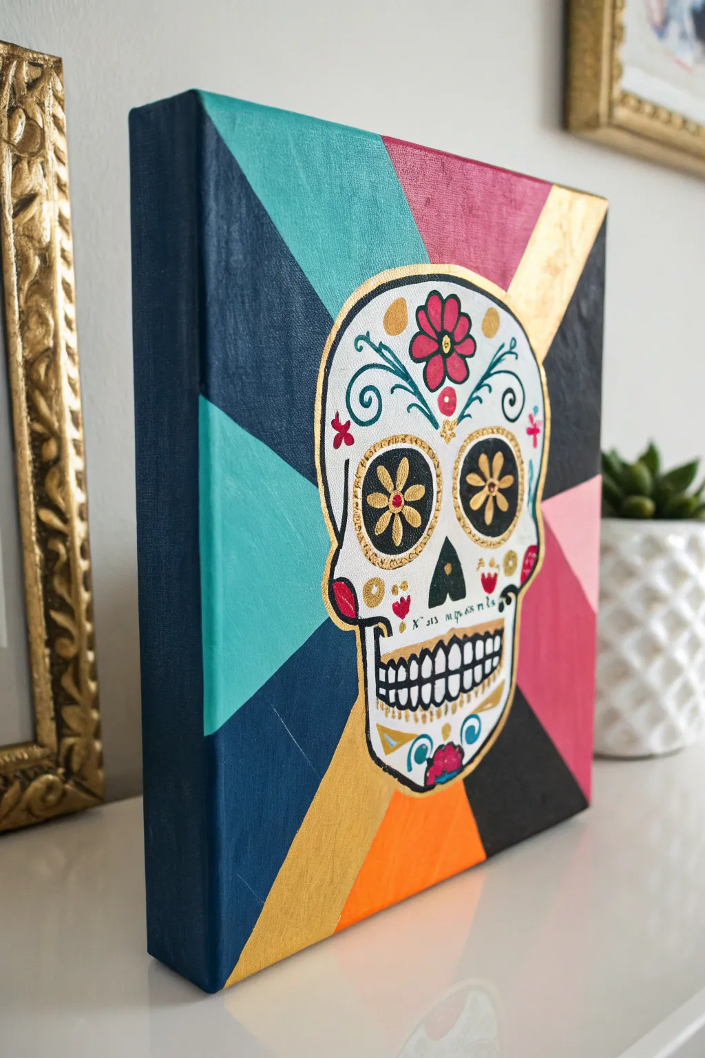 Abstract color-block sugar skull in bold hues with metallic accents for modern Día de Muertos vibes