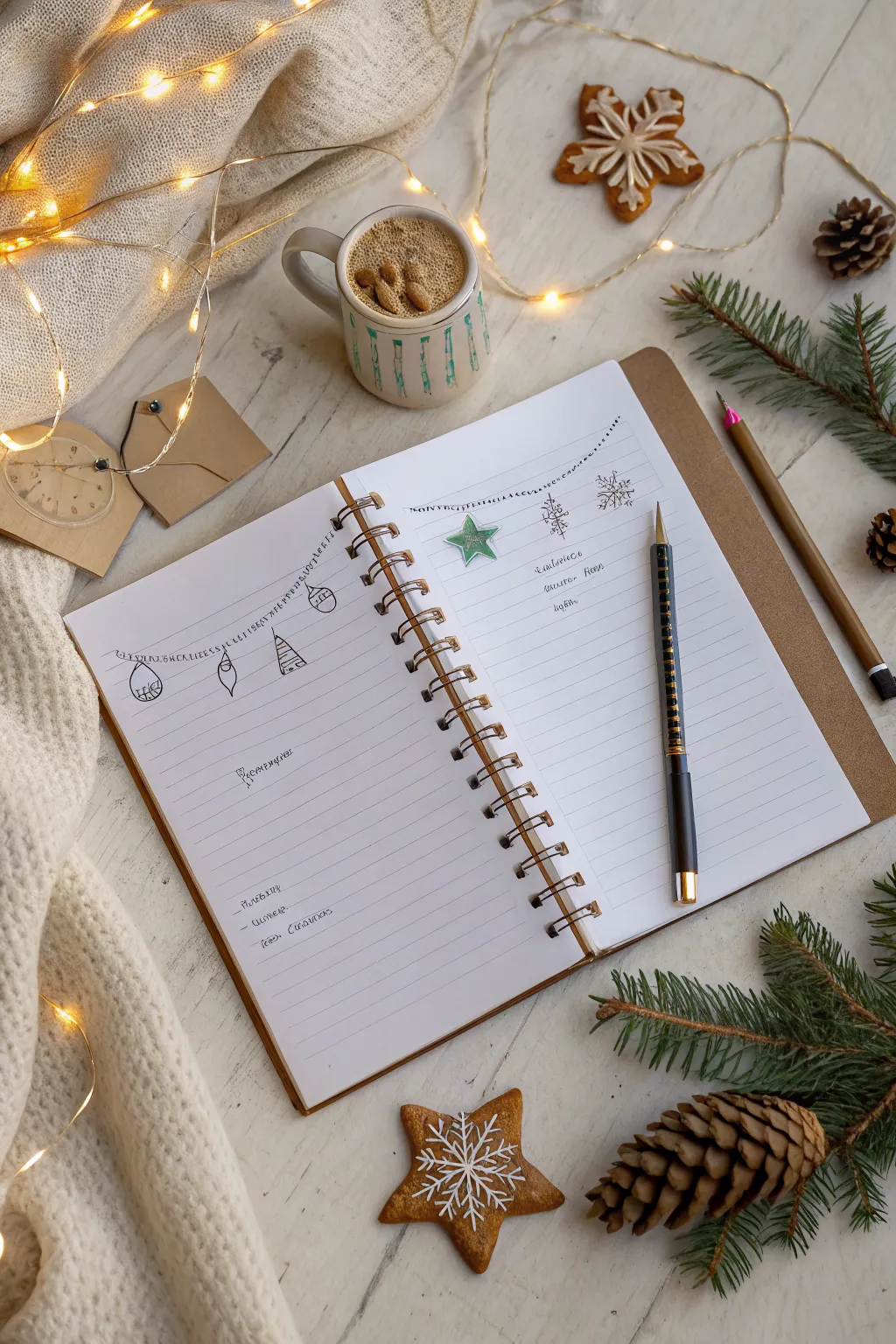 December memories collage spread with tiny cozy sketches and faux paper layers in bold winter hues