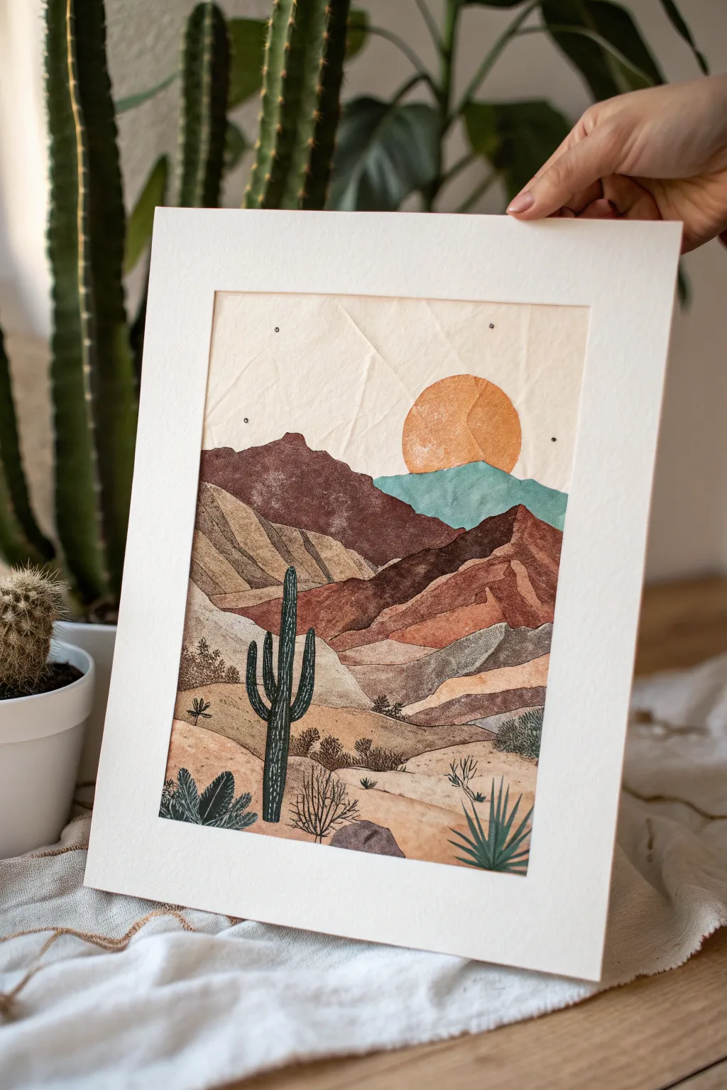 Dusty-neutral mixed-media desert collage with torn-paper textures and crisp ink cacti lines