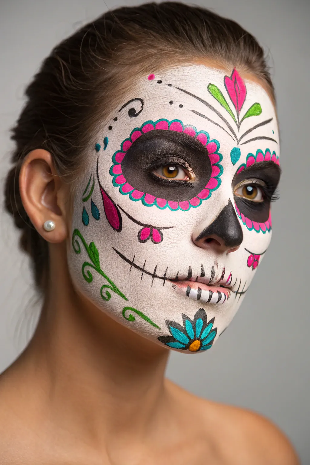 Modern neon sugar skull face paint on a dark backdrop for a bold Día de los Muertos remix