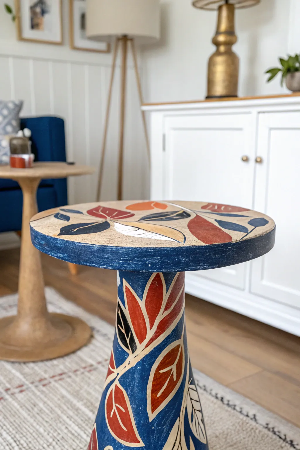 Abstract brushstrokes turn a simple end table into a bold Scandinavian-boho statement.