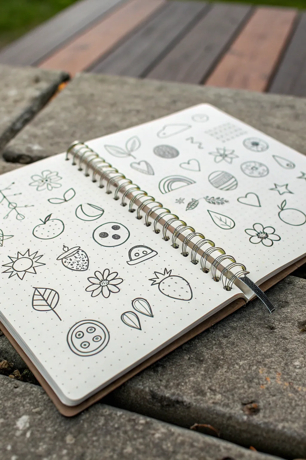 One-shape doodle challenge: circles transformed into bold minimalist icons on a crisp sketchbook page