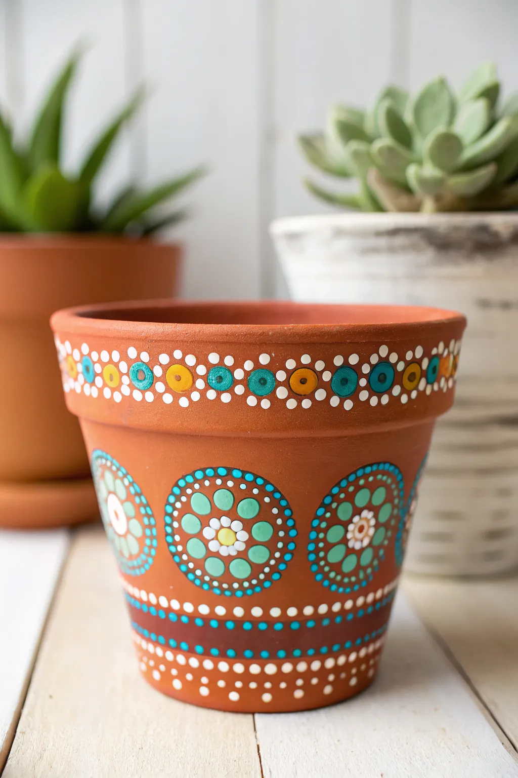 Dot mandala rim on terracotta pot, bold cheerful colors on warm clay with a minimal boho feel