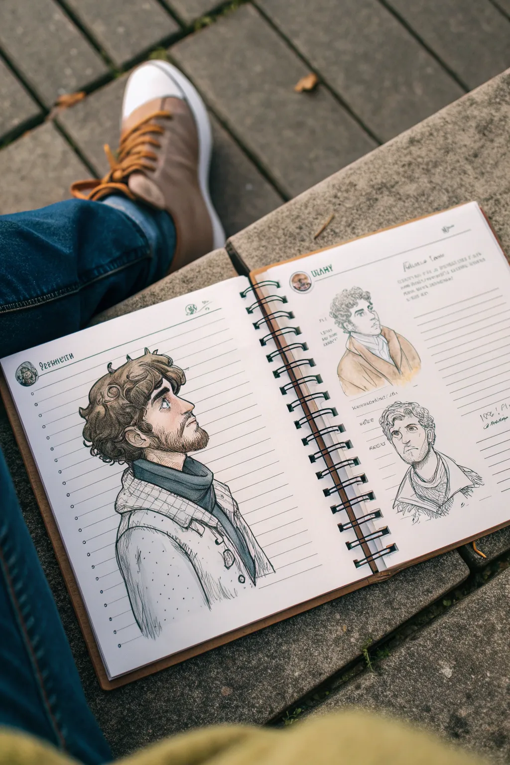 Character design sheet with views, expressions, and style variations in a clean, lively sketchbook.