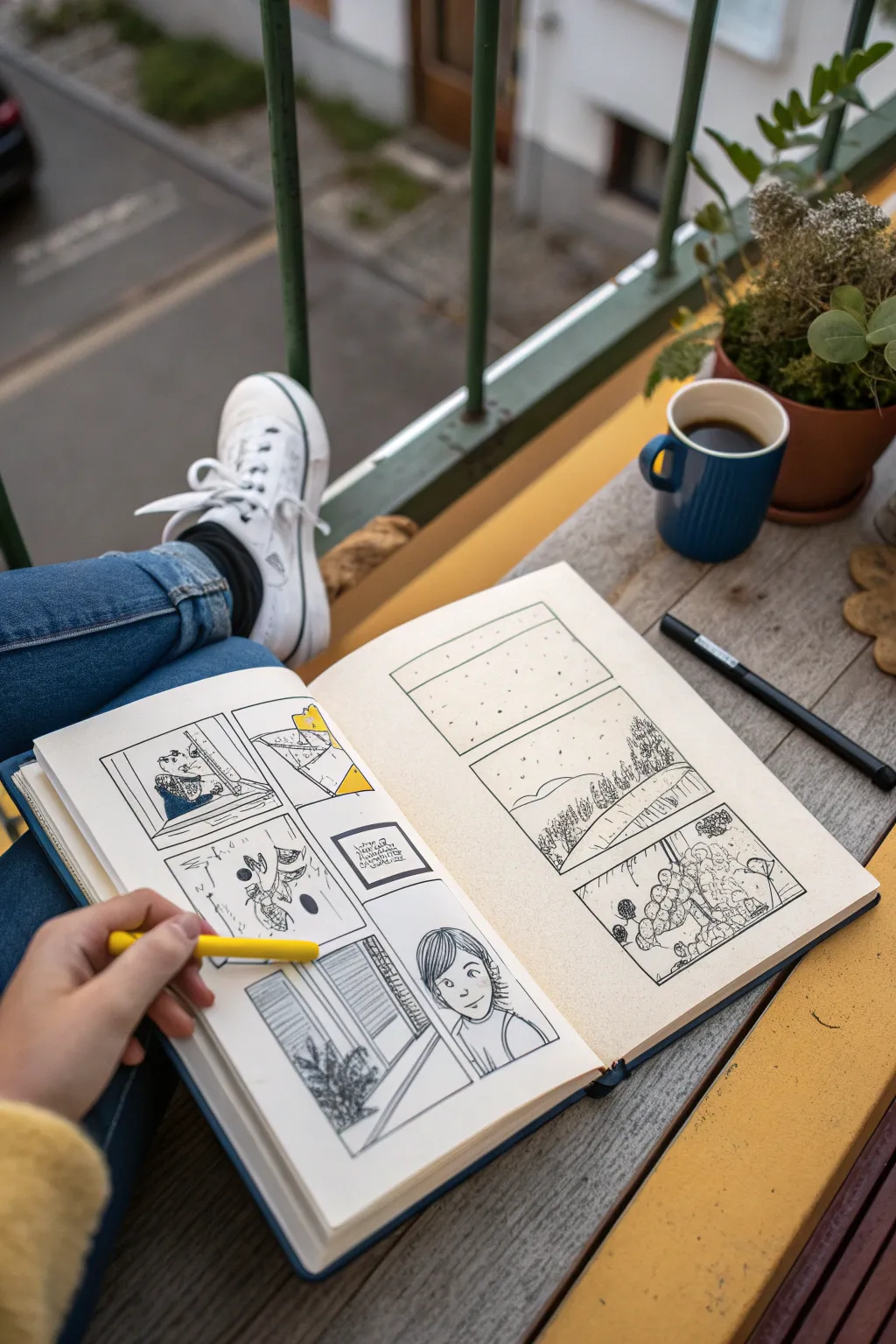 Turn your day into a tiny comic strip of moments, minimalist lines with bold cozy color pops.