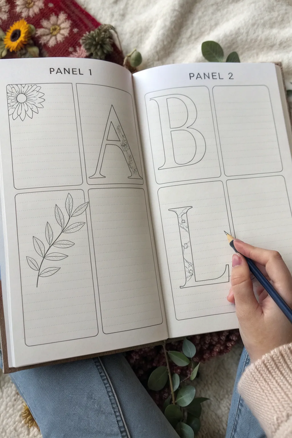 Step-by-step negative space letter: outline, add simple florals, then ink a bold dark background.