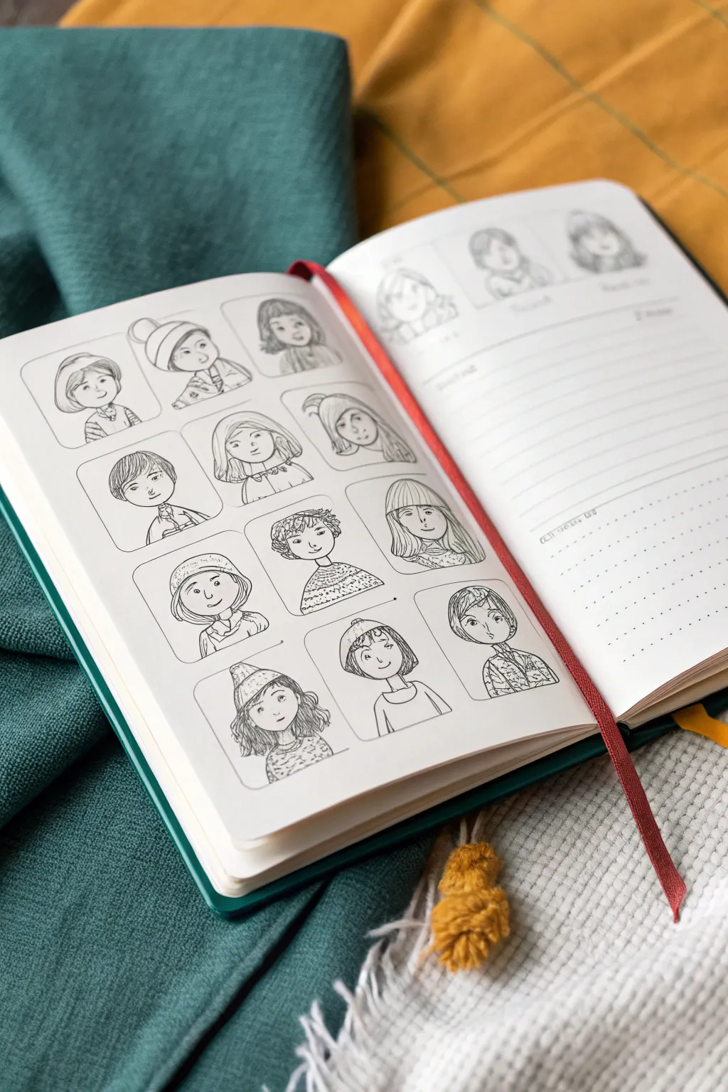 Clean sketchbook page of mini girl studies: hairstyles, hand poses, and outfit thumbnails