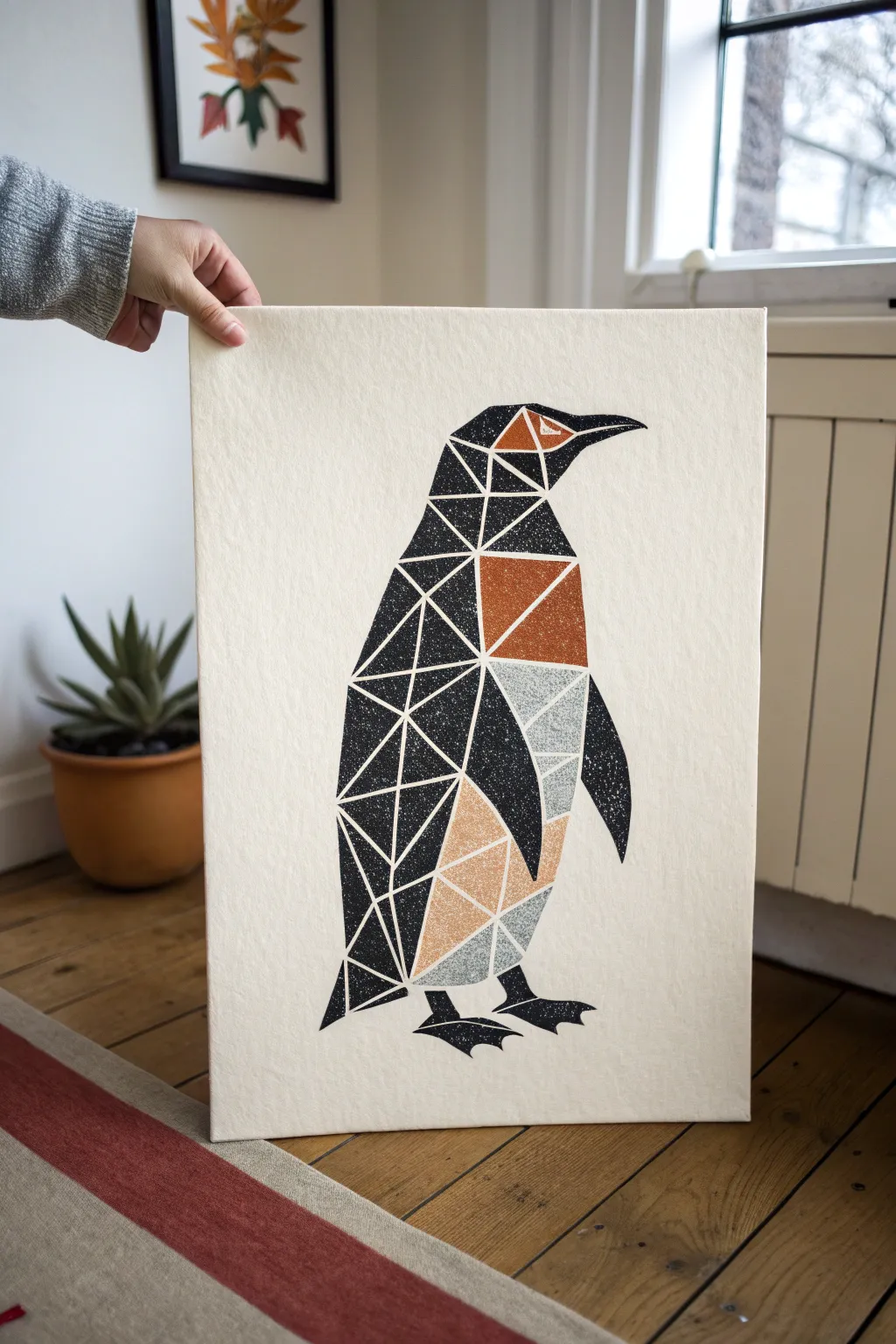 Geometric penguin drawing idea with crisp shapes, high contrast, and a modern minimalist palette.