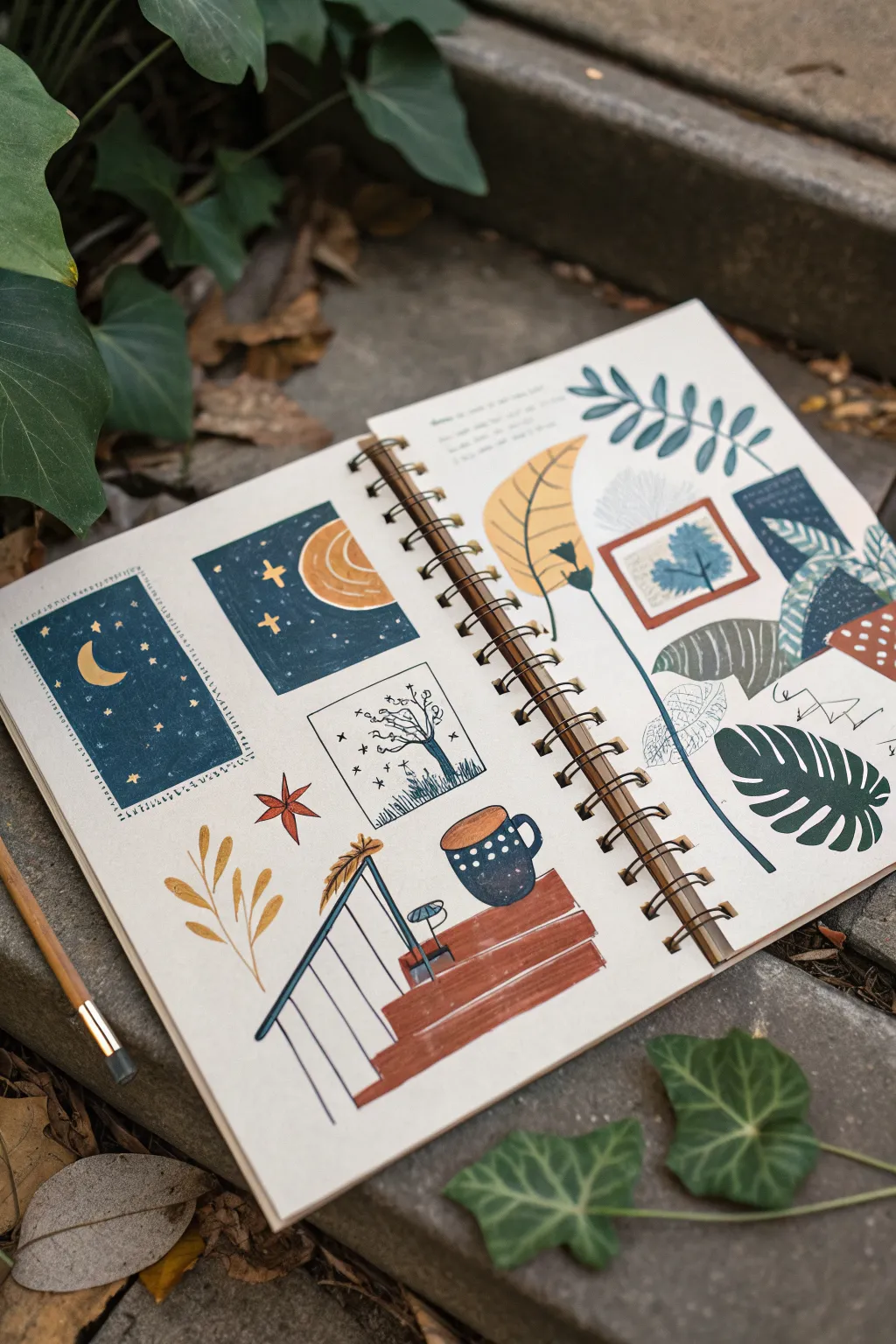 Gravity glitch dream collage in a sketchbook, floating objects and bold cosmic contrast.