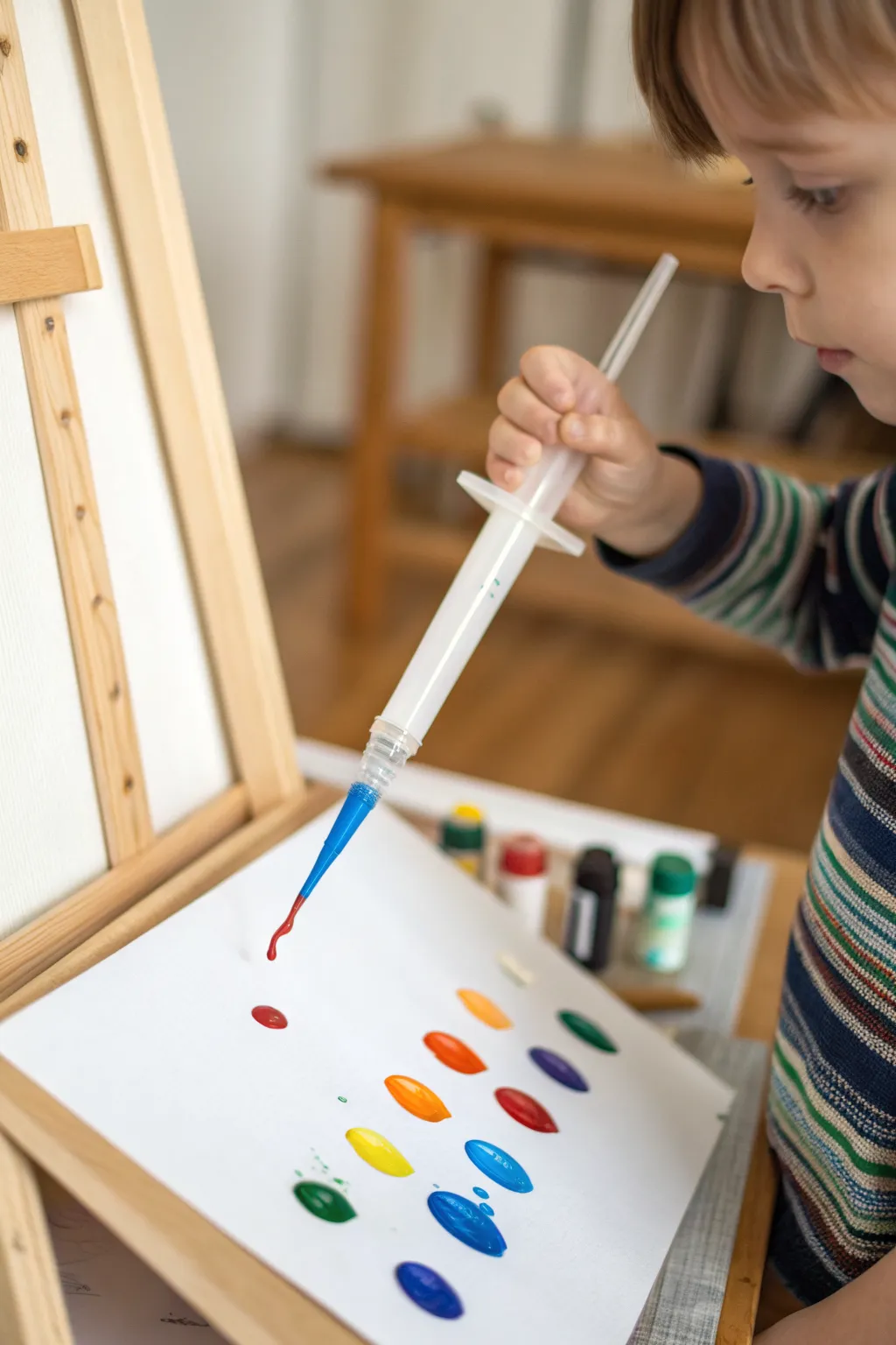 Pipette drop painting on an easel creates bold, rainy day drips that preschoolers love to make.