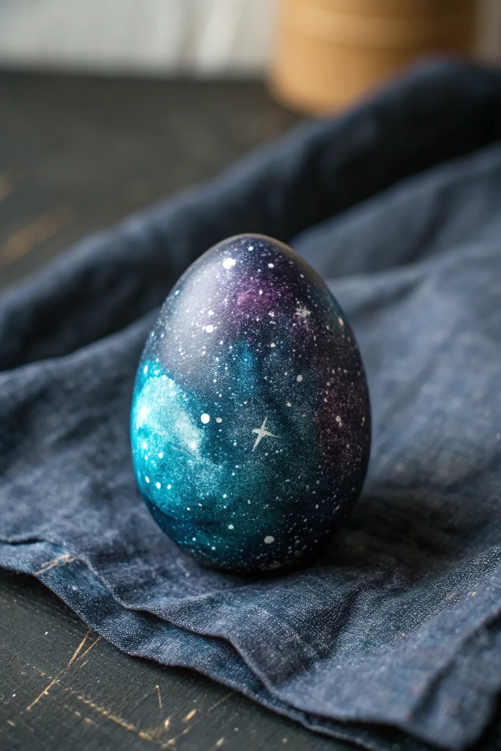 DIY Night Sky Galaxy egg: deep navy hues, starry speckles, minimalist magical Easter decor.