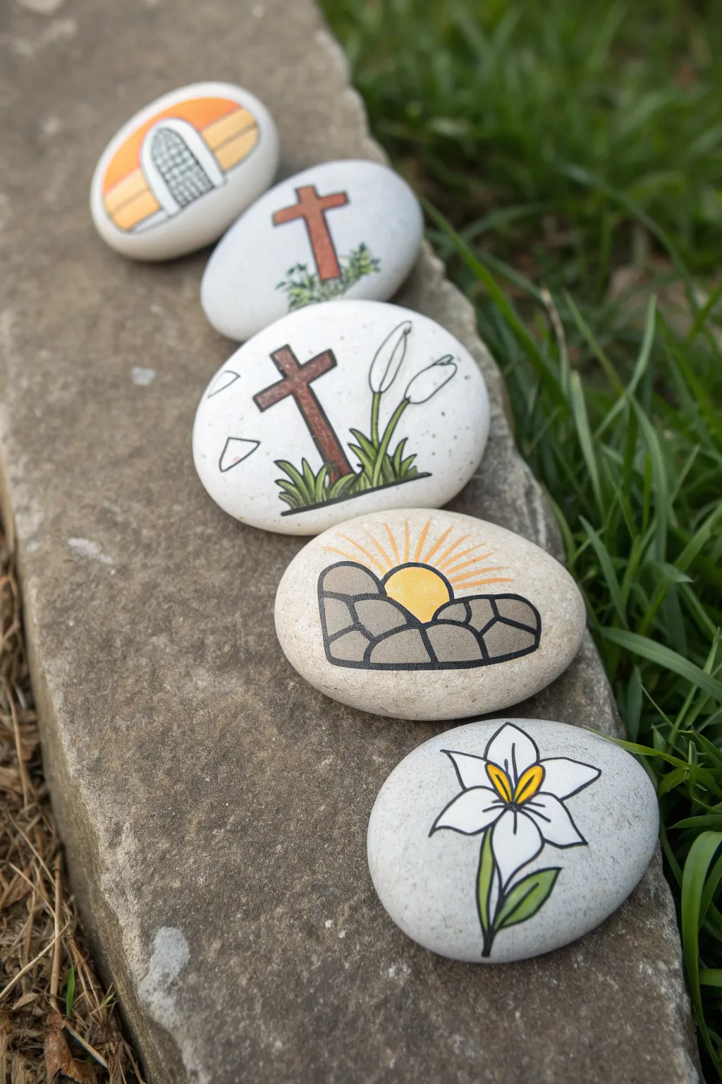 Create an Easter story with painted rocks: cross to sunrise in a calm, minimalist mini set.