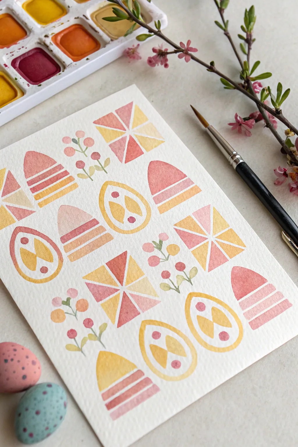 Modern Easter watercolor: geometric pastel eggs in a repeating pattern, minimalist and bold