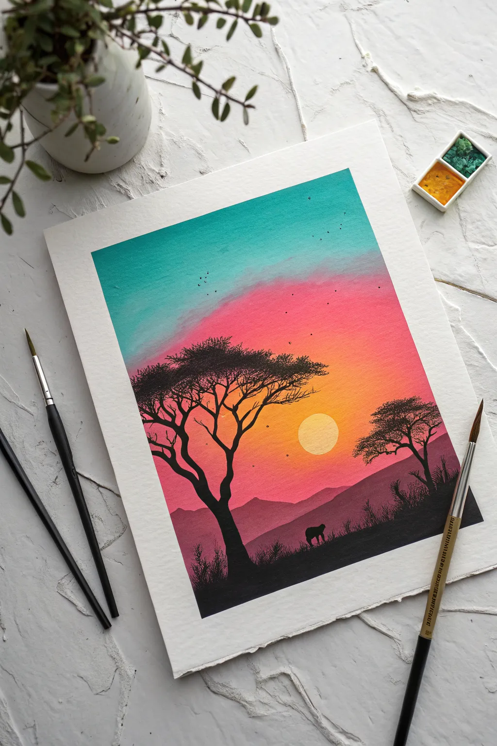 Try a textured base and a bold airbrushed halo behind a simple silhouette for instant drama