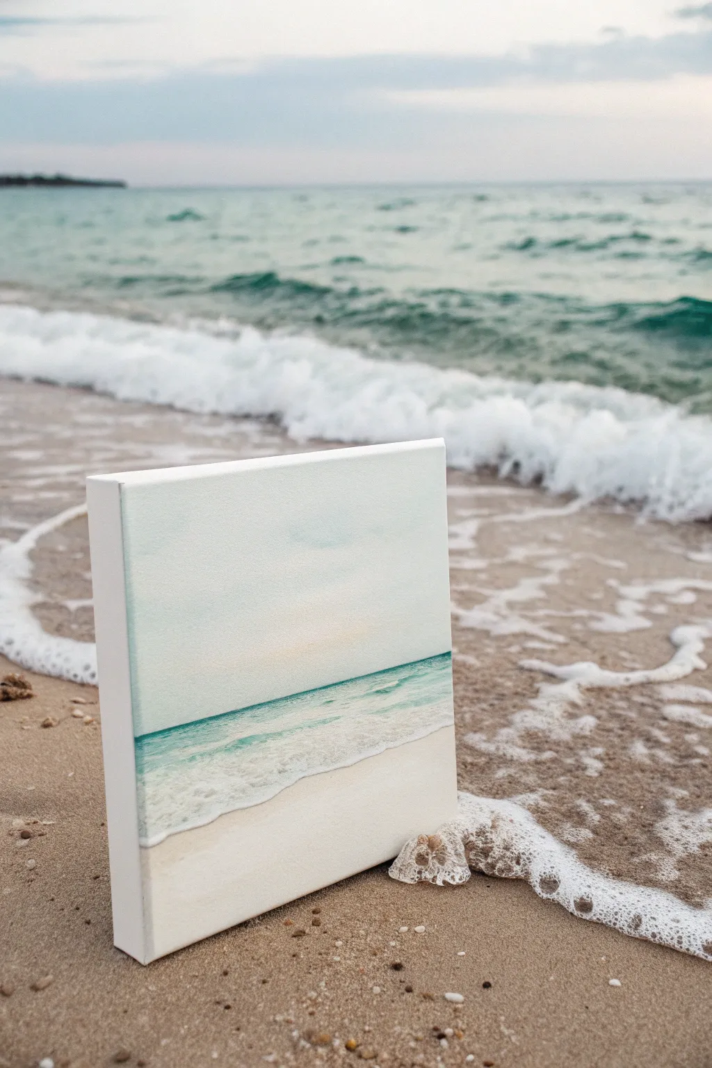 Airy negative space beach painting with a single horizon line and a whisper of watercolor.