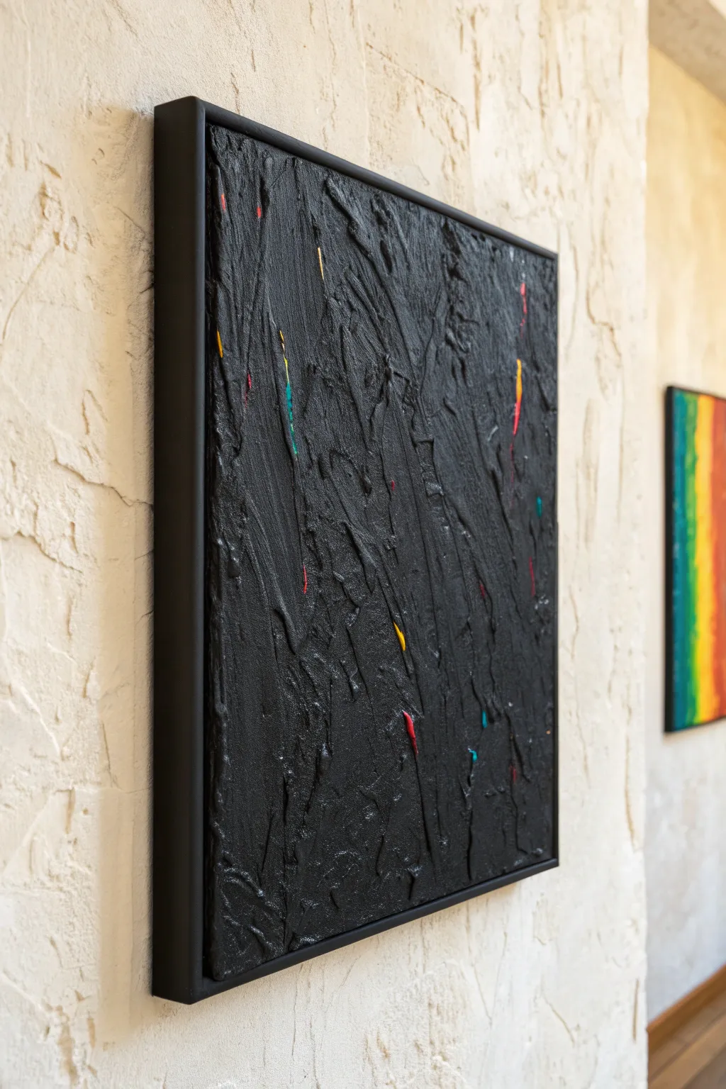 Bold palette-knife smears on black canvas with rich texture and plenty of negative space.