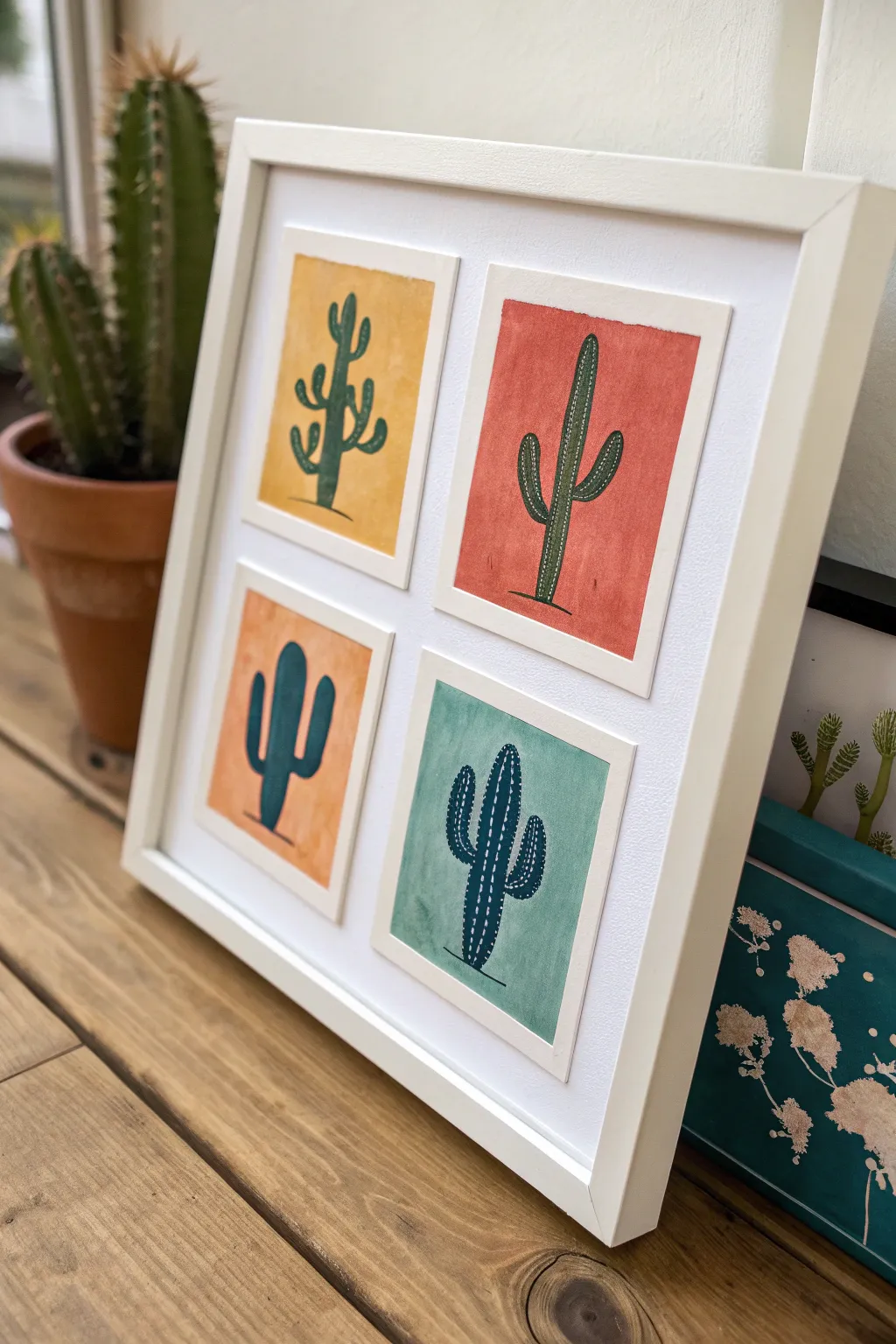 Mini polaroid-style cactus paintings in a crisp grid with bold colors and calm boho minimalism.
