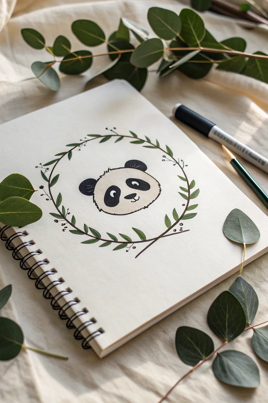 Simple panda face in a leafy wreath, minimal lines and bold greens for cozy sketchbook vibes.