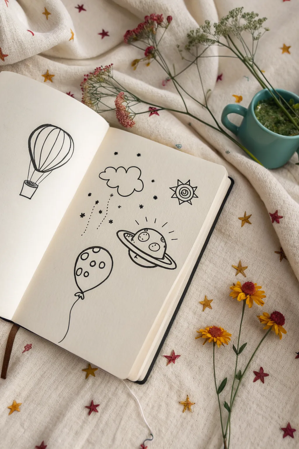 Whimsical mashup doodles: simple outlines with bold pops of color for easy drawing ideas