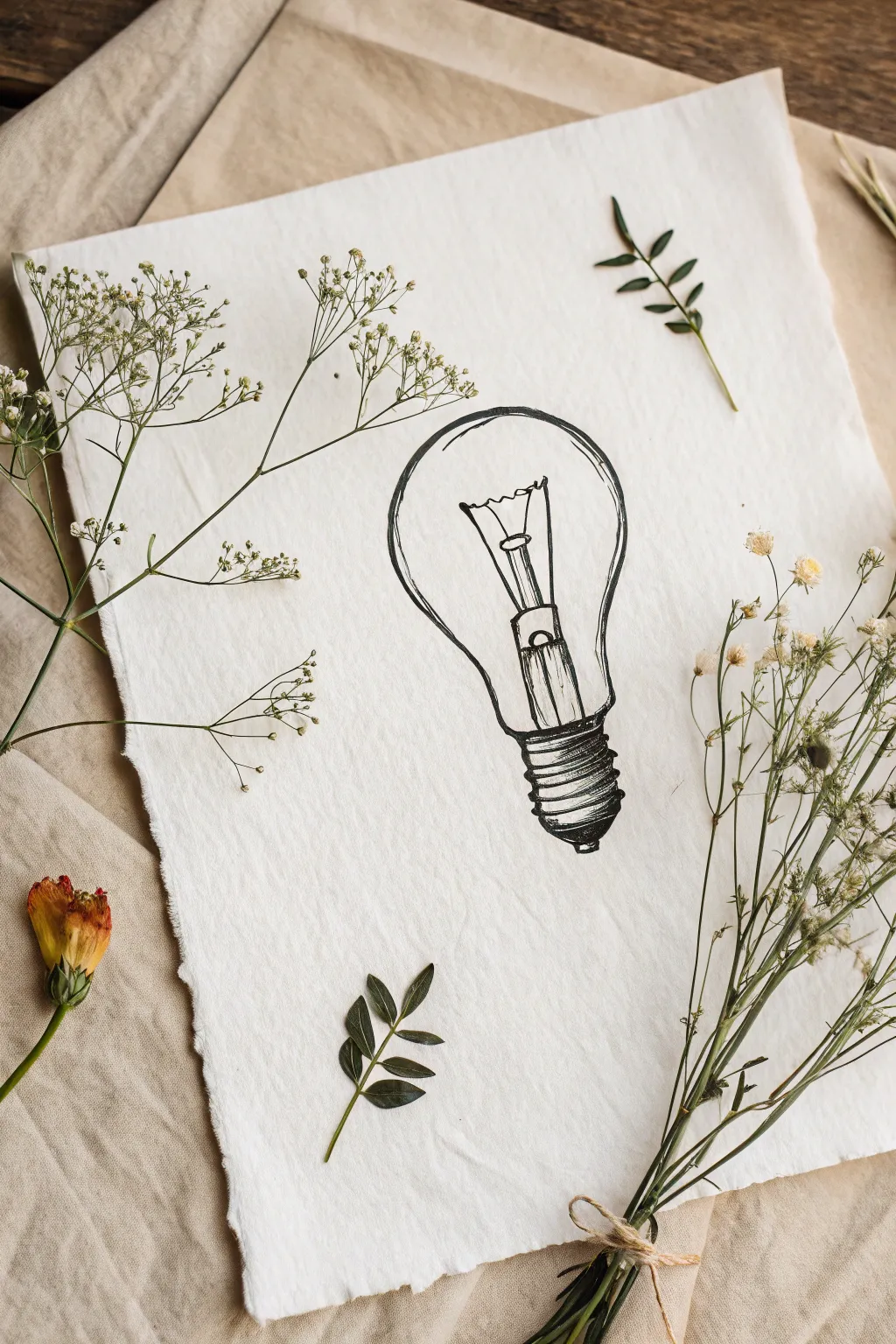 Surreal mix-and-match doodle: a wildflower blooming from a light bulb, simple lines, bold colors