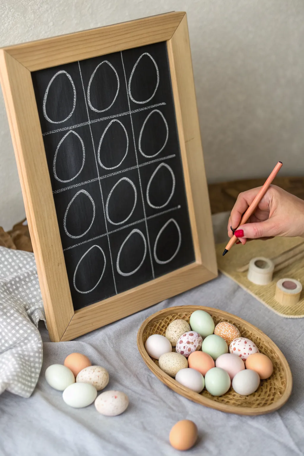 Interactive Easter egg chalkboard: blank outlines to fill in, with bold pops of color.