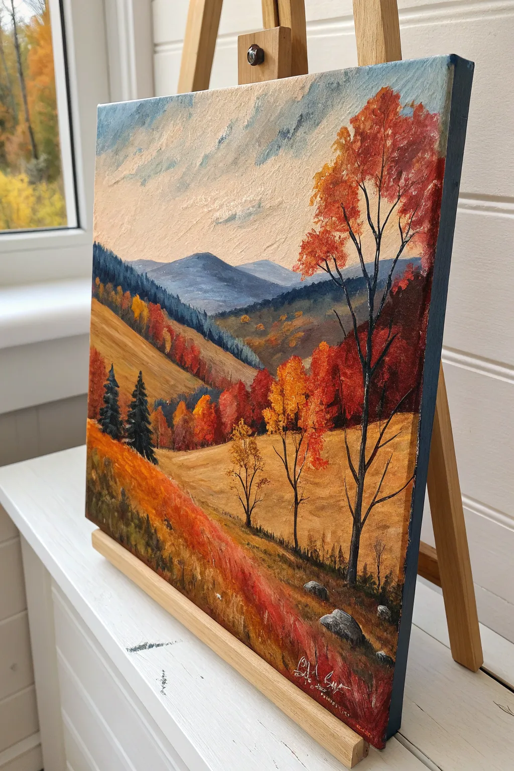 Abstract fall palette-knife landscape on canvas, bold texture and contrast in minimalist style.