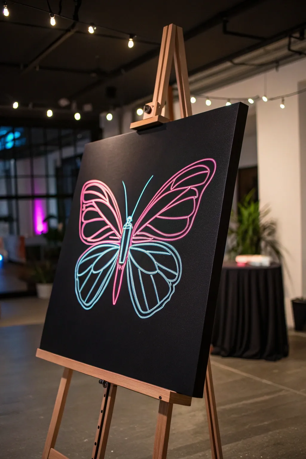 Neon butterfly line art on a deep black canvas for a bold, minimalist aesthetic glow