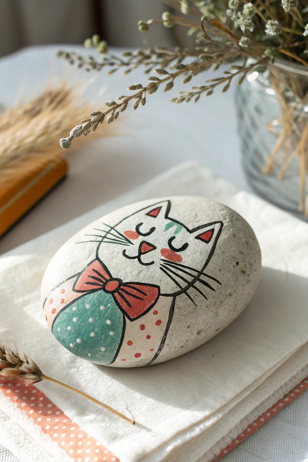 Adorable painted rock pet with a cute bow tie, bold colors, and a clean minimalist backdrop