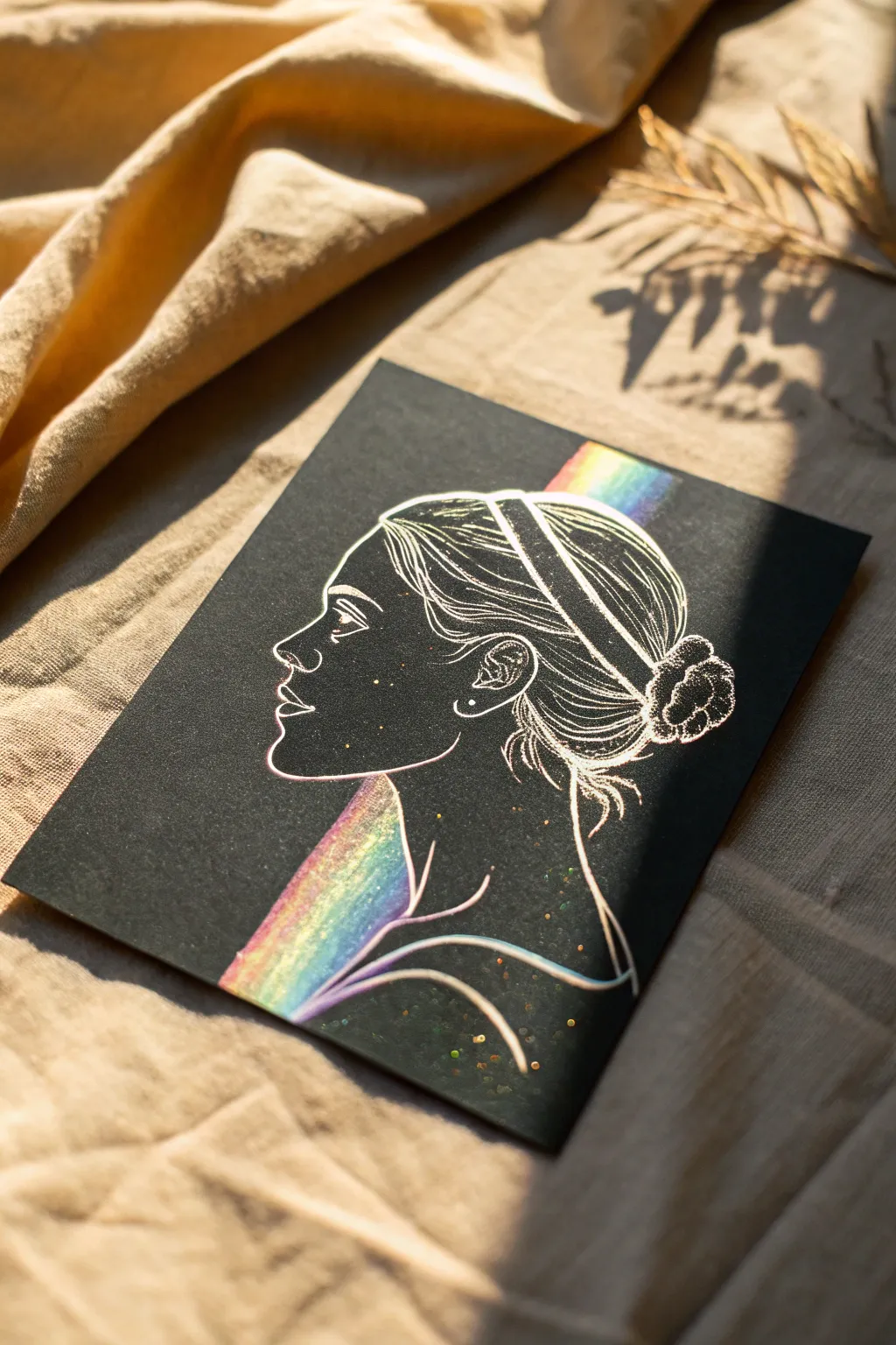 Negative-space silhouette scratch art with a bold rainbow reveal, clean lines, and dramatic contrast.