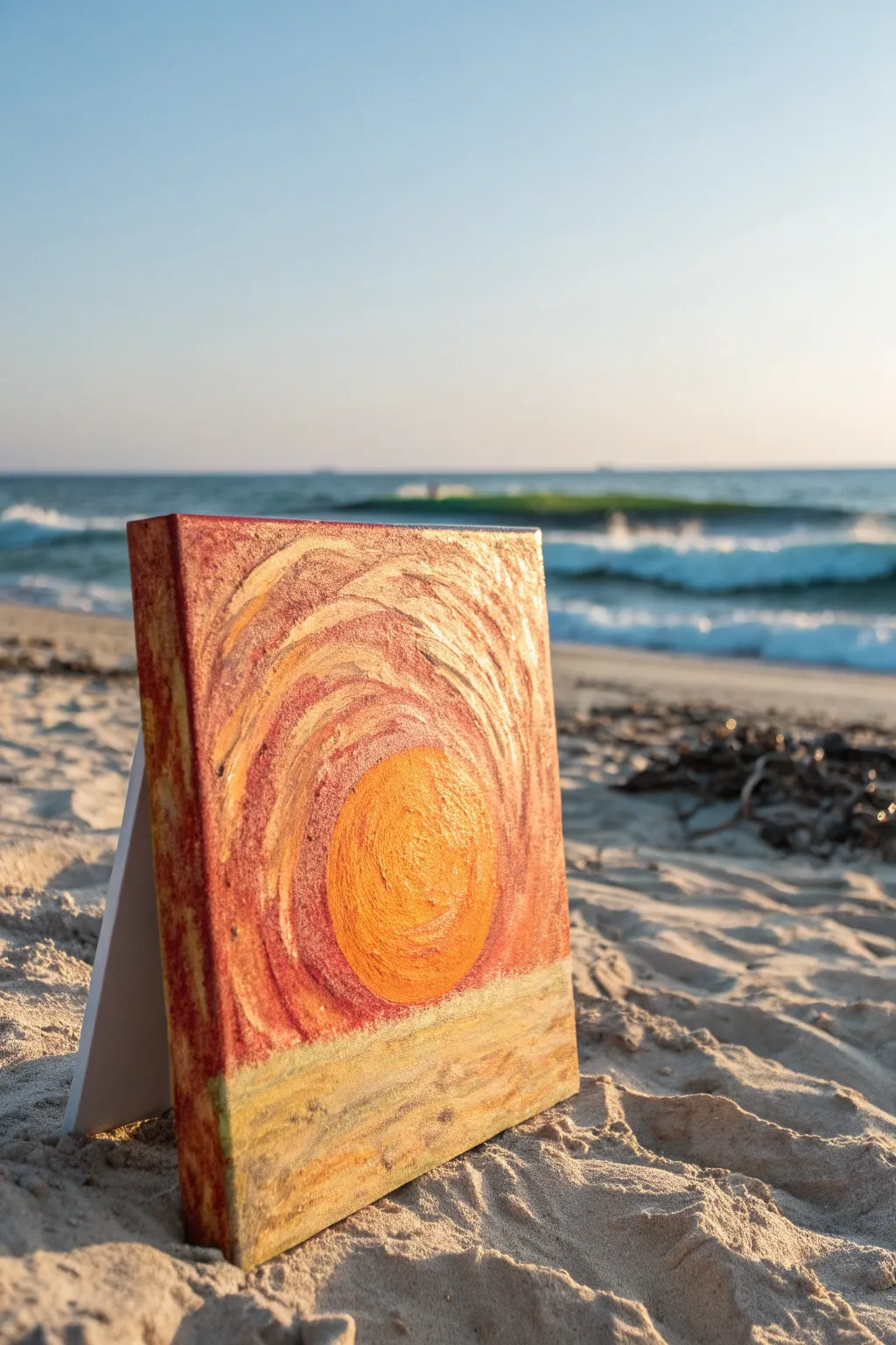 Try this textured sun: bold impasto strokes on a calm sky for an easy, striking DIY.