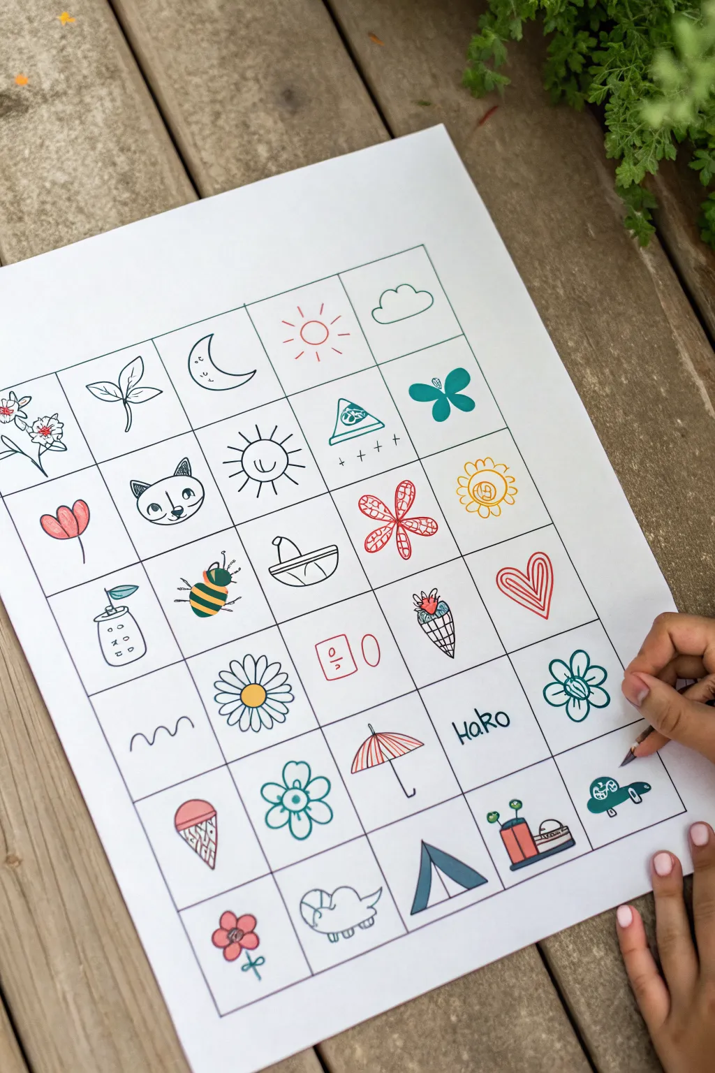 Mini 3x3 doodle grid: 9 easy kid icons with bold outlines and cheerful minimalist color