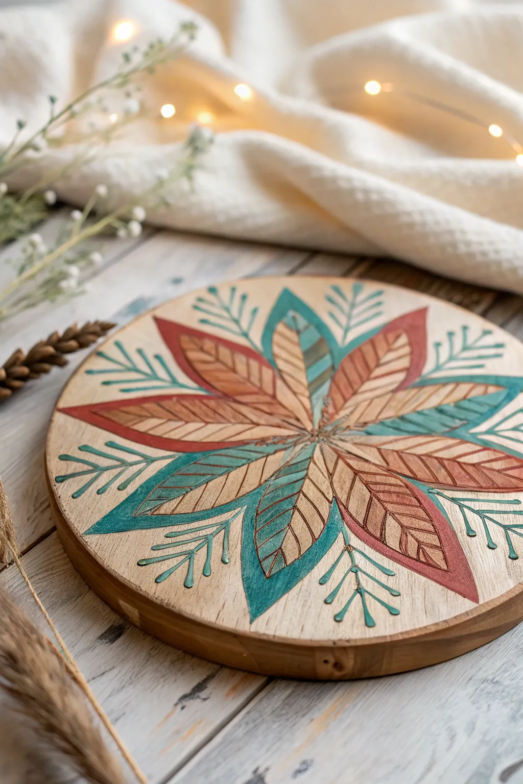 Mixed-media wood round: dry-brushed texture, bold color blocks, and crisp dot accents up close.