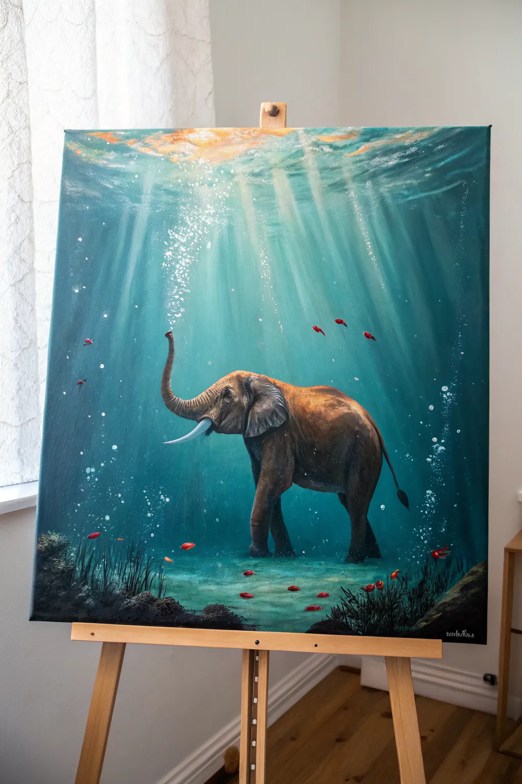 Paint a dreamy underwater elephant with teal gradients, bubbles, and soft light rays for surreal calm.
