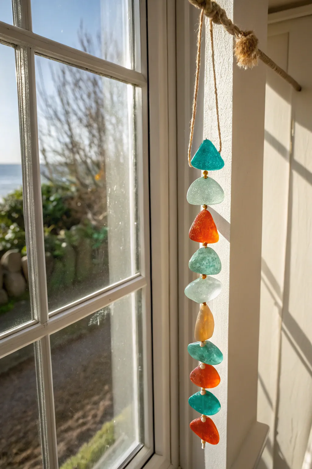 Faux sea glass resin suncatcher glowing in a bright window, casting dreamy colored shadows.
