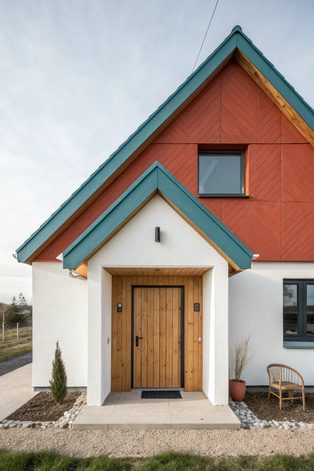 Bold color blocking on a gable and bump-out for a modern, curated exterior with clean tape lines