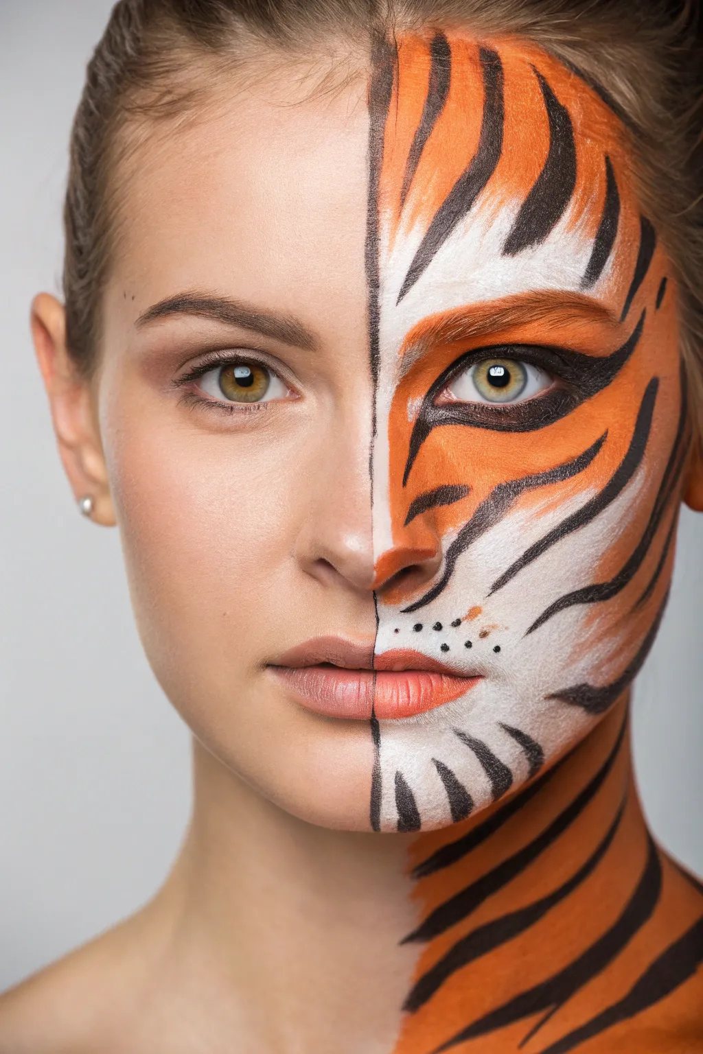 Split-face tiger paint: bare vs transformed, crisp contrast and bold handcrafted detail