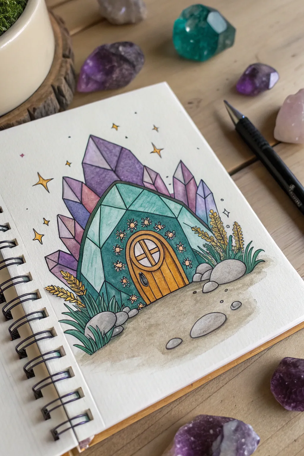 Crystal cave fairy house drawing with glowing gems, sharp facets, and bold jewel-tone contrast
