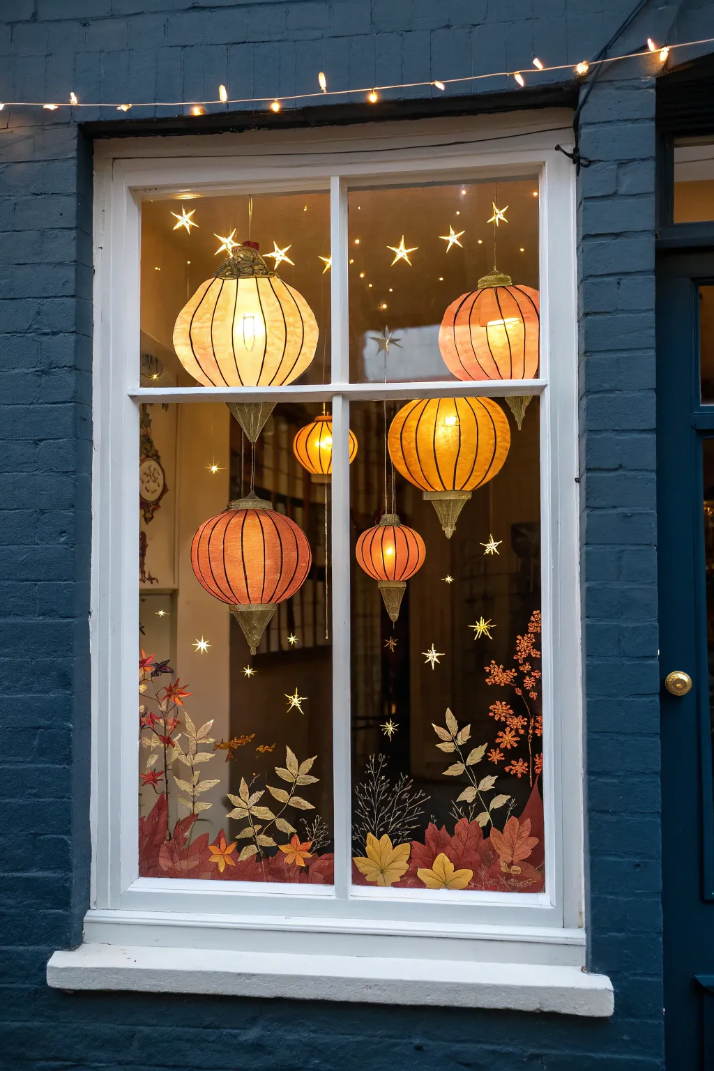 Painted lanterns and tiny stars bring night-market warmth to a cozy fall window glow.