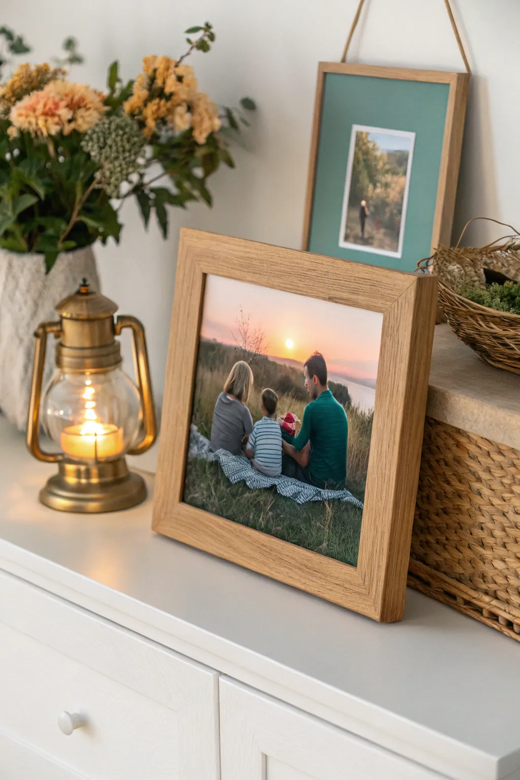 Storybook family portrait idea in a handcrafted frame, lantern glow, picnic props, cozy cinematic mood