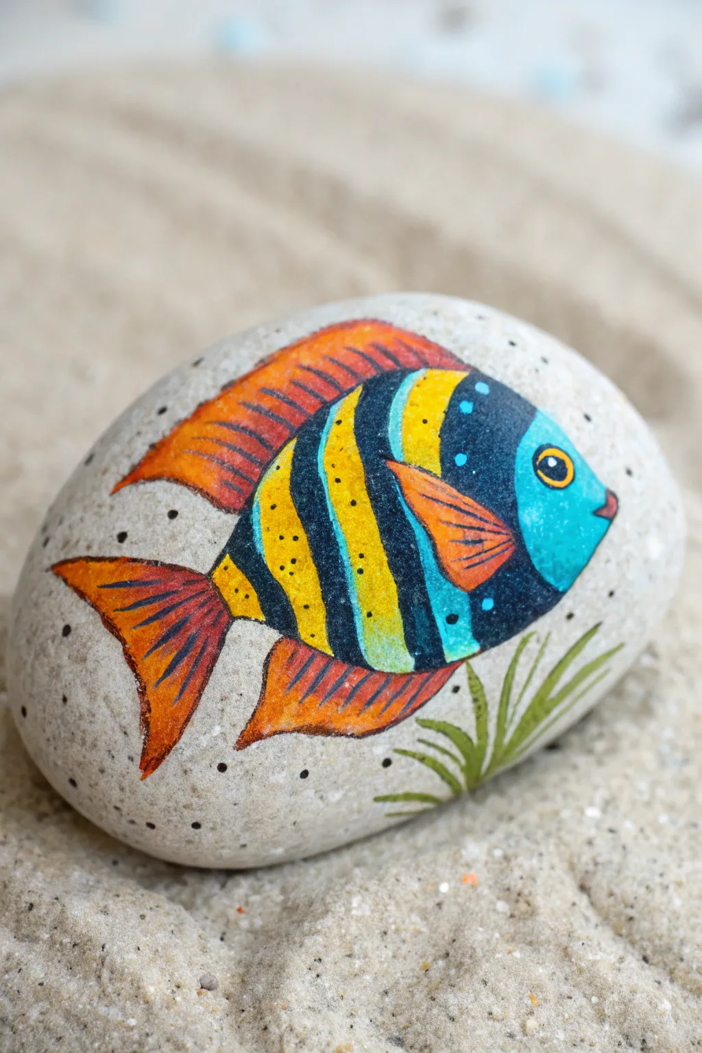 Textured sandy rock with a vibrant reef fish design, minimalist boho vibes, high contrast.