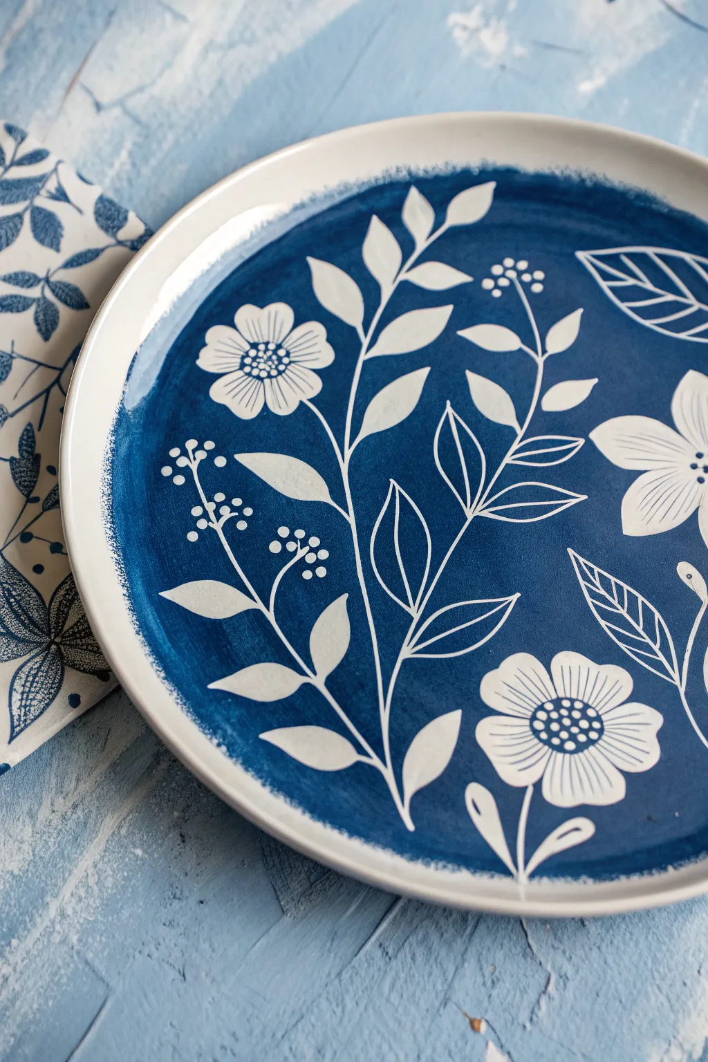 Crisp negative-space florals on a bold painted plate, masking tape nearby for easy DIY inspiration.