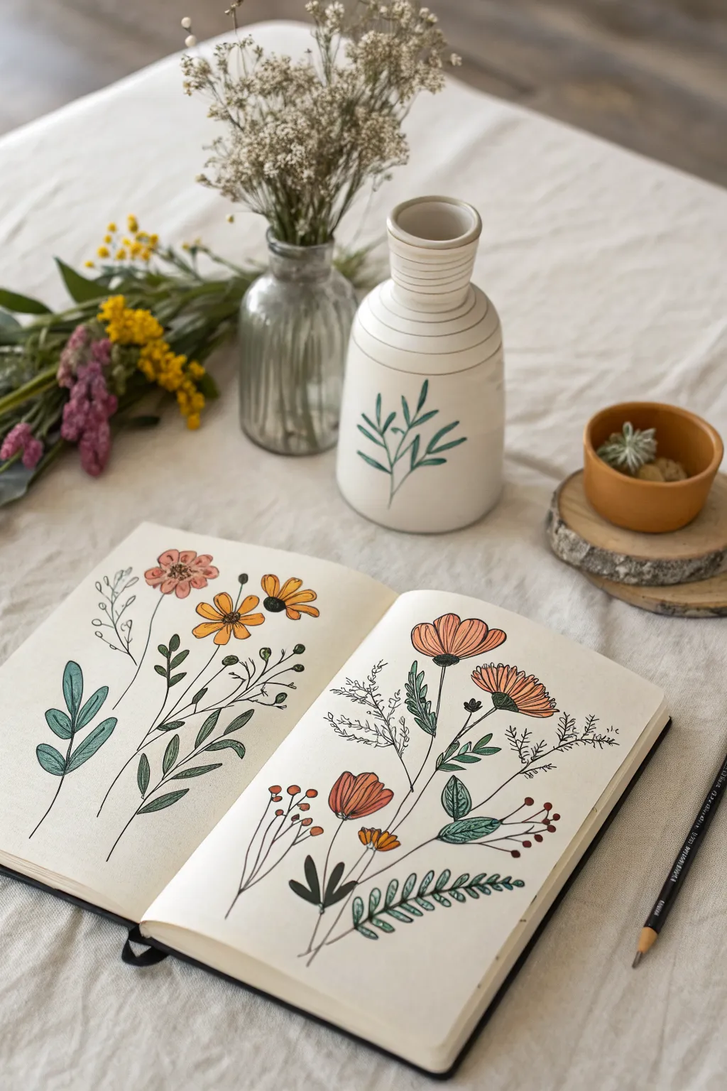 Sweet jar, vase, and pot flower doodles in bold colors on a clean minimalist sketchbook page