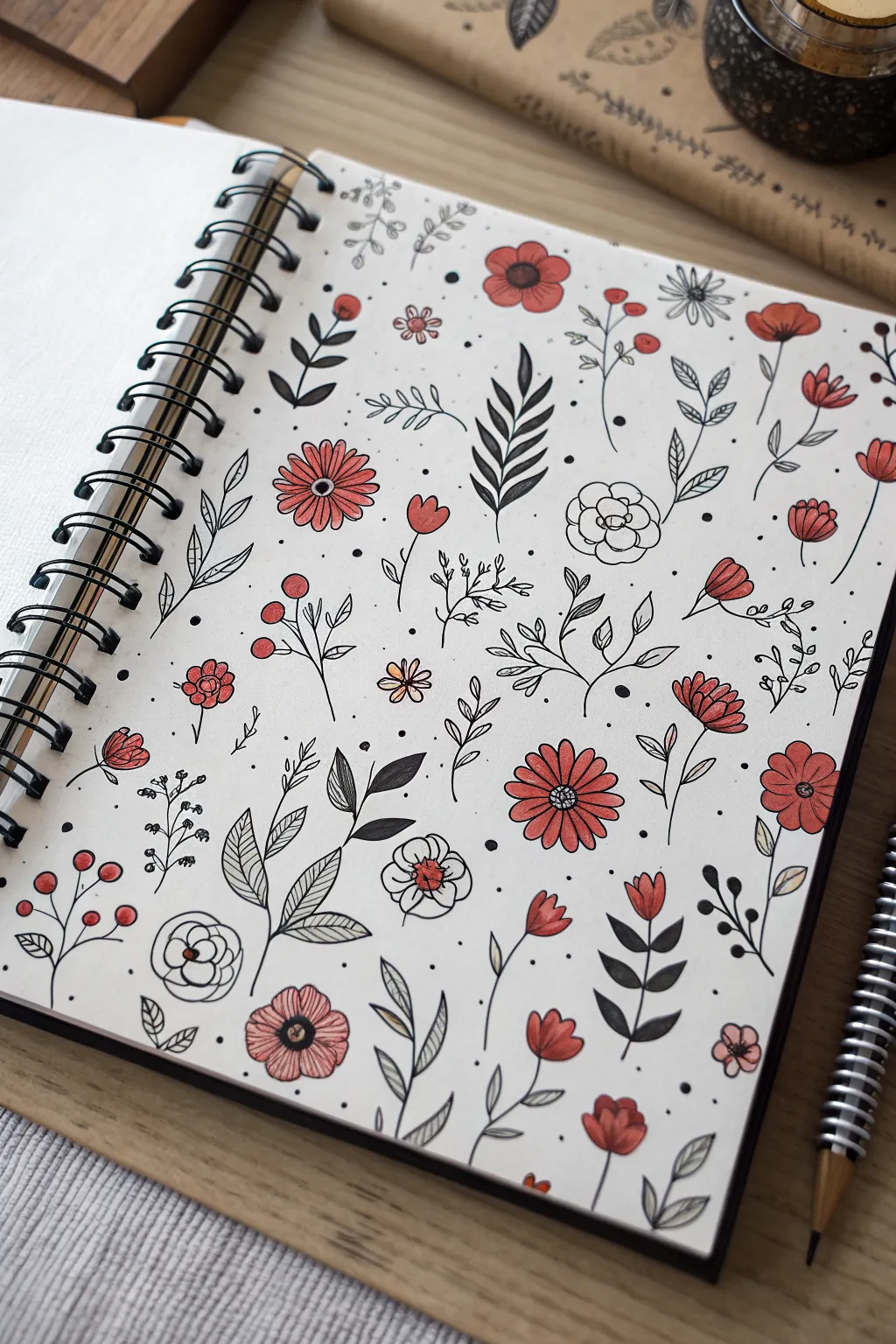 Mixed flower pattern doodle page with tiny roses, daisies, leaves, and dots in bold colors