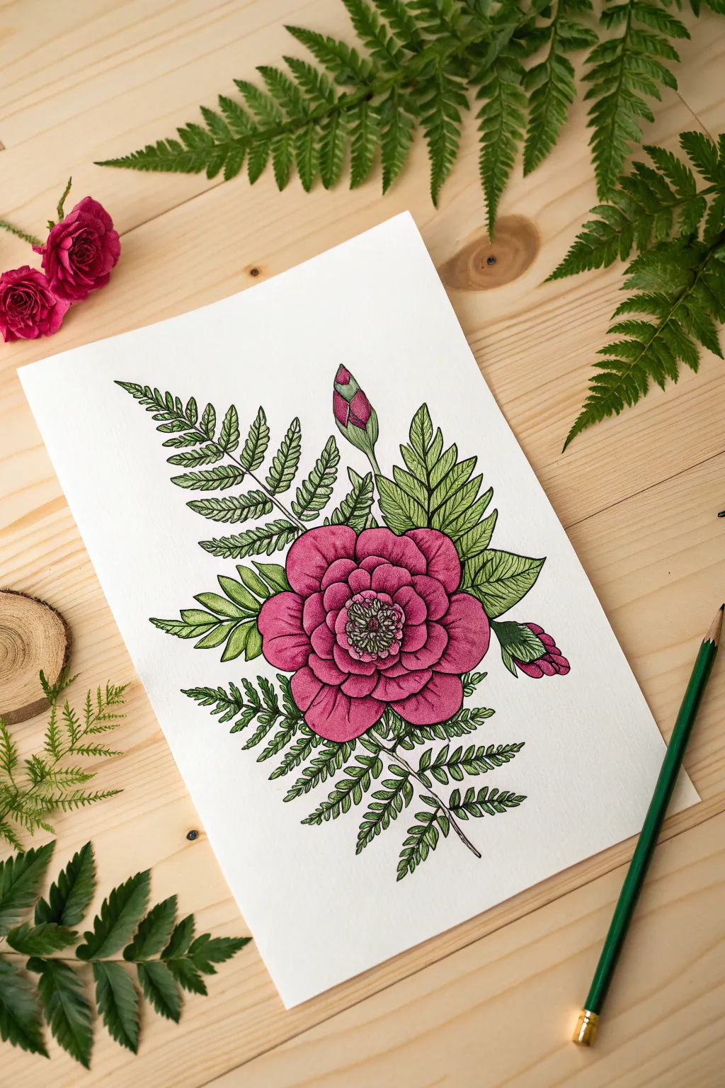 Unleash your imagination with this whimsical rose and fern hybrid sketch idea.