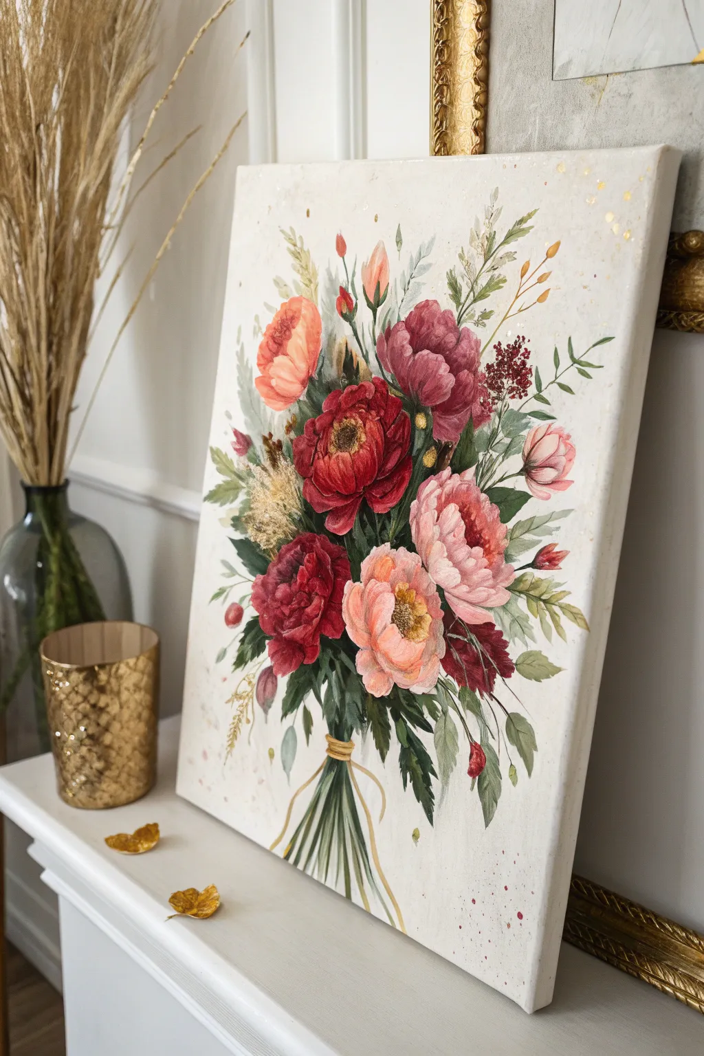 Minimalist bouquet oil painting with subtle gold accents for a modern mixed-media floral vibe