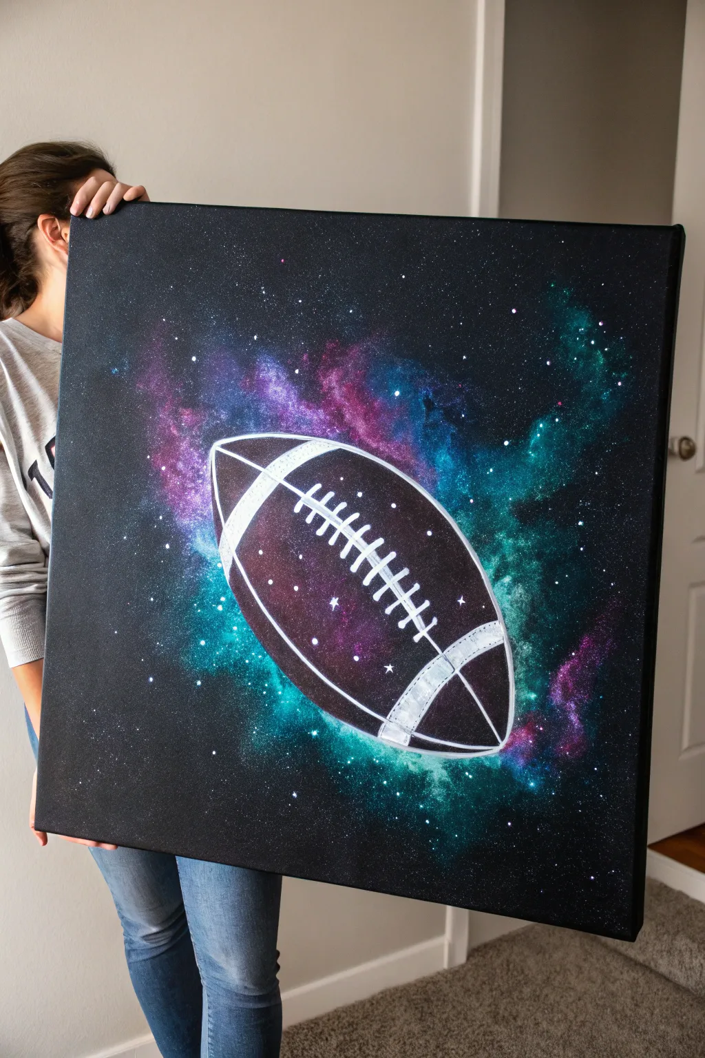 Cosmic neon football painting idea with dreamy nebula clouds and crisp rim light for bold contrast.