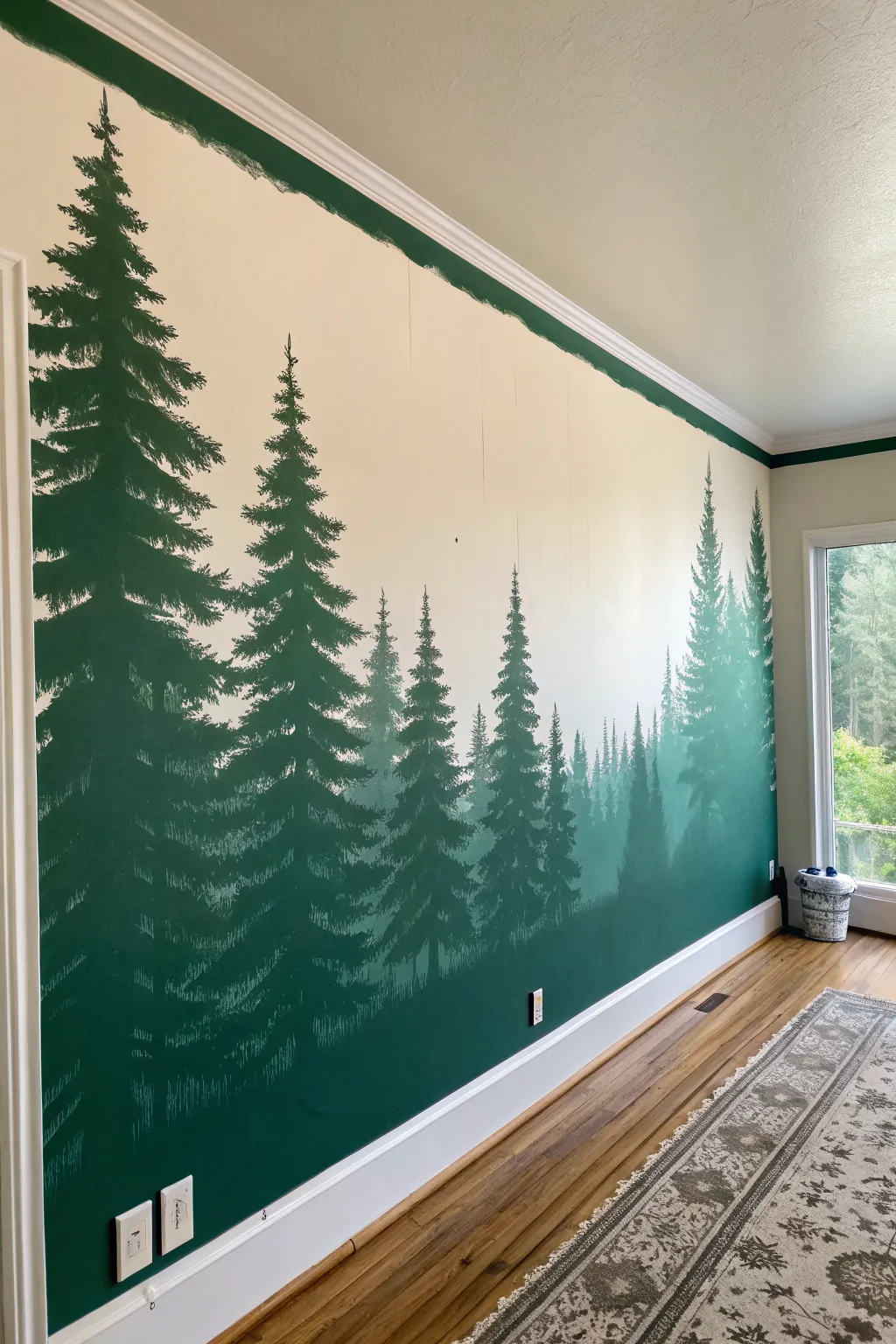 Negative-space forest wall painting idea: bold green backdrop with clean white tree silhouettes
