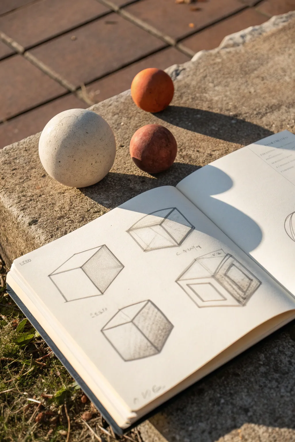 Form metamorphosis practice: cube to sphere in clear steps, minimal lines, bold color accent